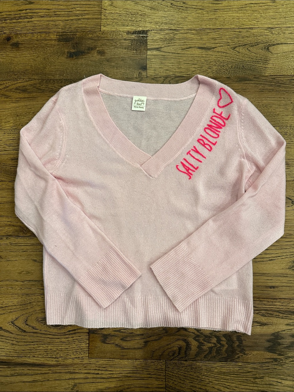 Golden Sun Light Pink V-Neck Sweater with Hot Pink 'Salty Blonde' Embroidery